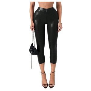 Faux Leather Capri Pants Crossover Elastic Waist Skinny Leggings, 1LL-164B001
